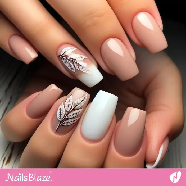 Nude and White Leaf Nails | Nature-inspired Nails - NB1420