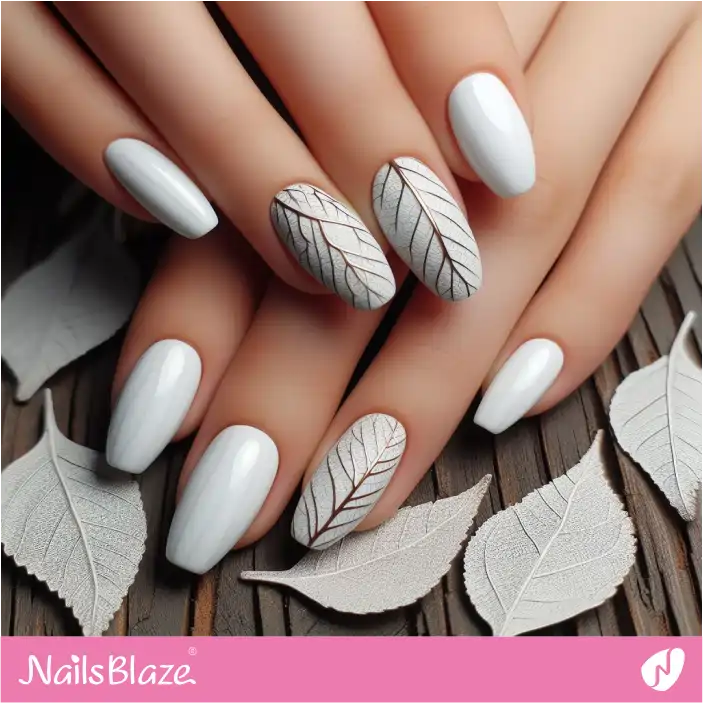 White Nails with Gold Textured Leaves | Nature-inspired Nails - NB1421