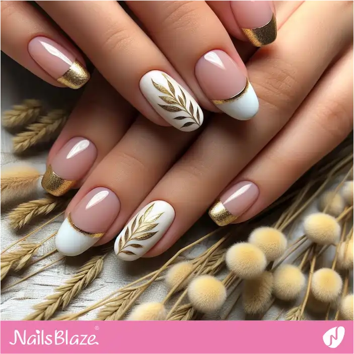 White and Gold French Nails with Leaf Design | Nature-inspired Nails - NB1422