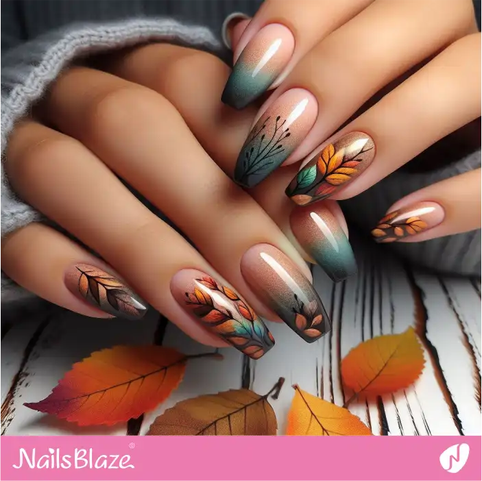 Fall Nails with Leaves | Nature-inspired Nails - NB1423