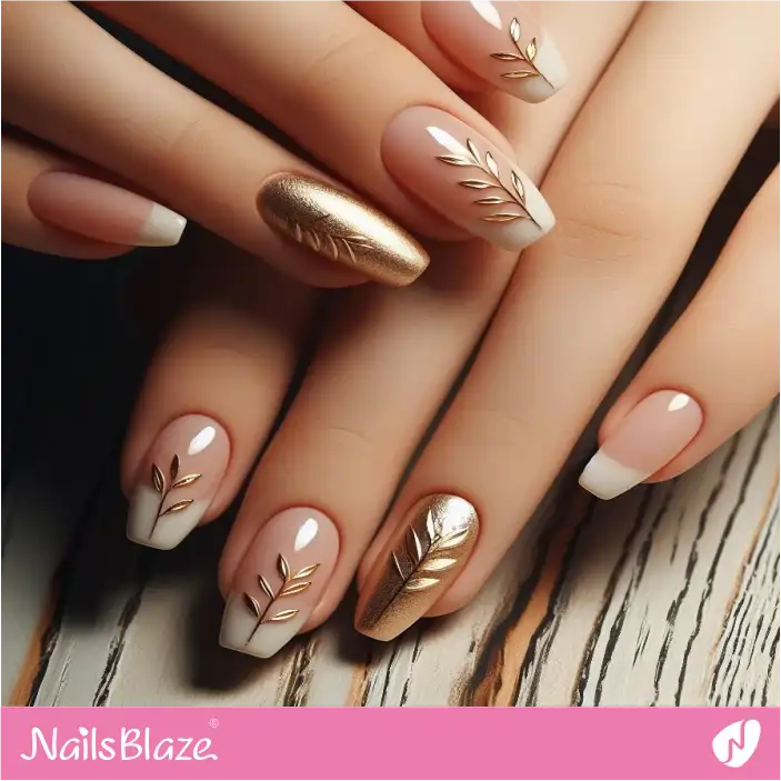 Nude Nails with Gold Leaves | Nature-inspired Nails - NB1424