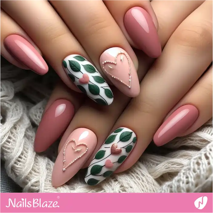 Heart Nails with Leaf Design | Nature-inspired Nails - NB1425