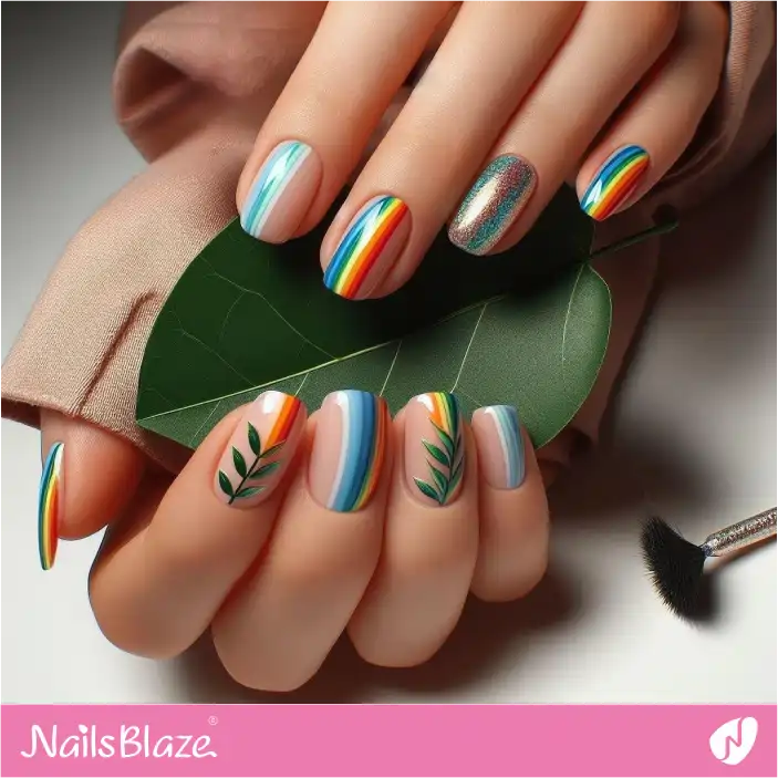 Leaf Nails with Rainbow Stripes | Nature-inspired Nails - NB1427
