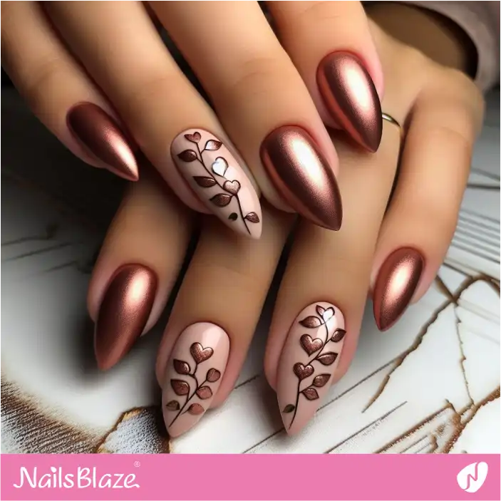 Rose Gold Nails with Leaves | Nature-inspired Nails - NB1430