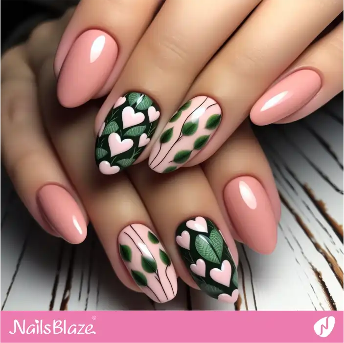 Hearts and Leaves Nail Design | Nature-inspired Nails - NB1431