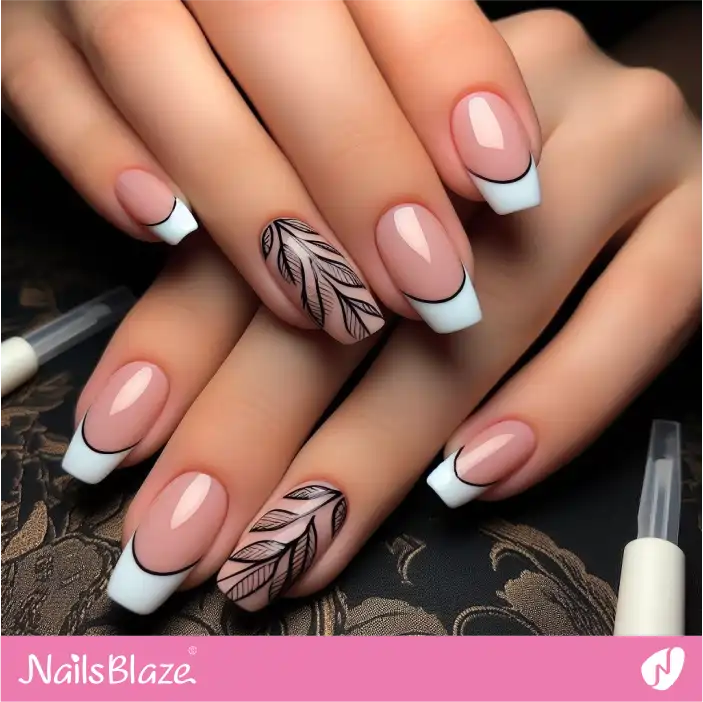 French Nails with Outlined Leaf Design| Nature-inspired Nails - NB1438