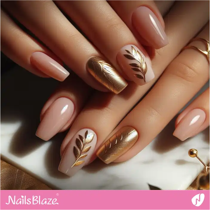 Nude and Gold Leaf Nail Art | Nature-inspired Nails - NB1441