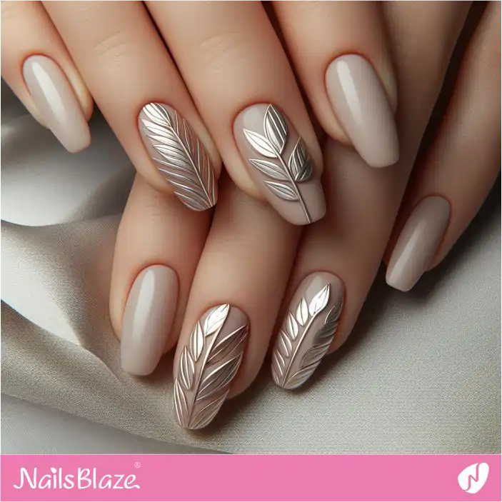Silver Chrome Leaves on Nude Nails | Nature-inspired Nails - NB1443
