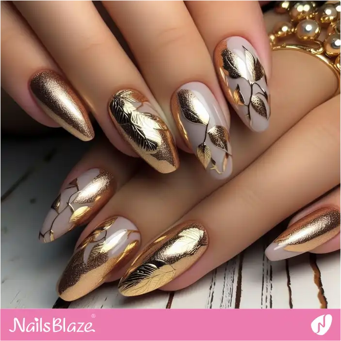 Gold Foil Leaves Nail Art | Nature-inspired Nails - NB1444