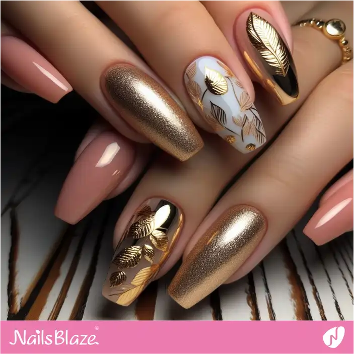 Nails with Textured Gold Leaf Design | Nature-inspired Nails - NB1446