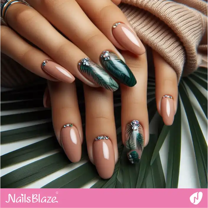 Tropical Leaf Nail Art with Rhinestones | Nature-inspired Nails - NB1447