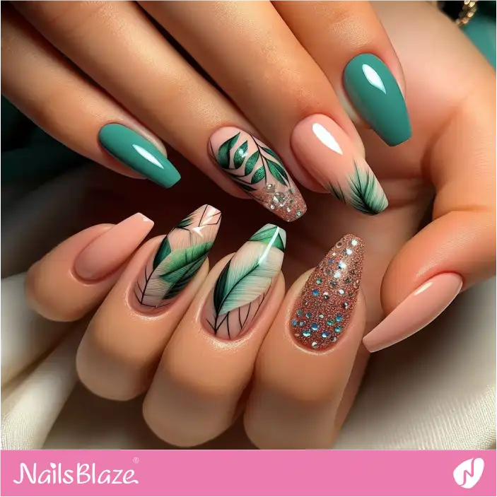 Bling Style Leaf Nails | Nature-inspired Nails - NB1449