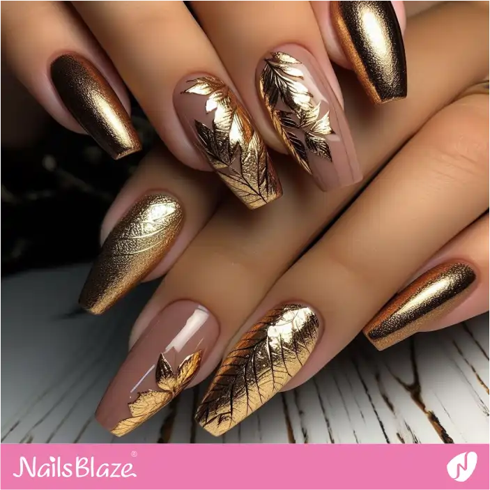 Luxury Gold Leaves Nail Art | Nature-inspired Nails - NB1453