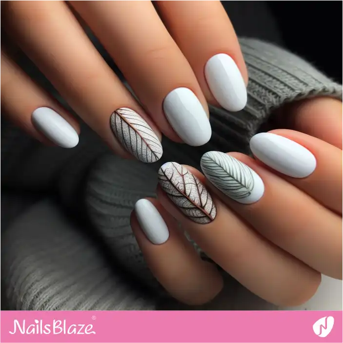 White Nails with Leaf Pattern | Nature-inspired Nails - NB1454