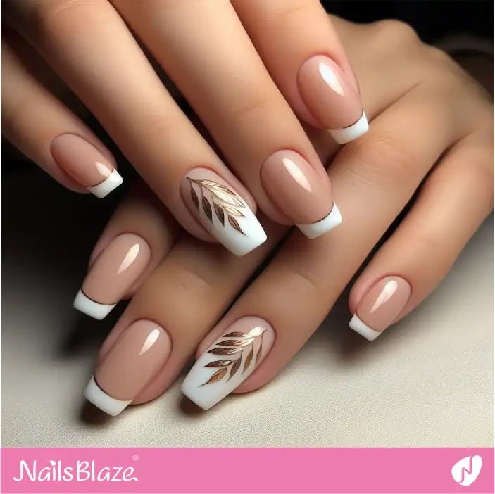 French Nails with Gold Leaves | Nature-inspired Nails - NB1455