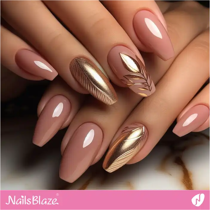 Glossy Nails with Gold Leaves | Nature-inspired Nails - NB1459