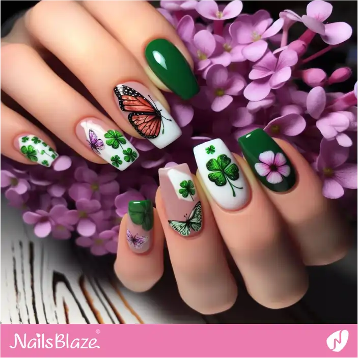 Butterfly and Clover Nail Design | Nature-inspired Nails - NB1462