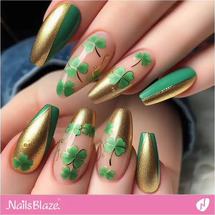 Gold and Green Four-leaf Clover Nail Design | Nature-inspired Nails - NB1464