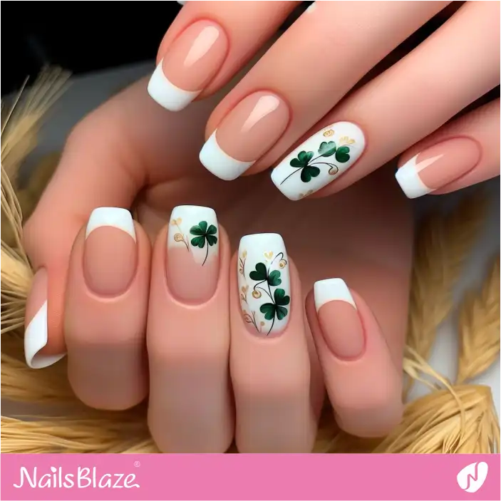 White French Manicure with Clover Nail Design | Nature-inspired Nails - NB1466