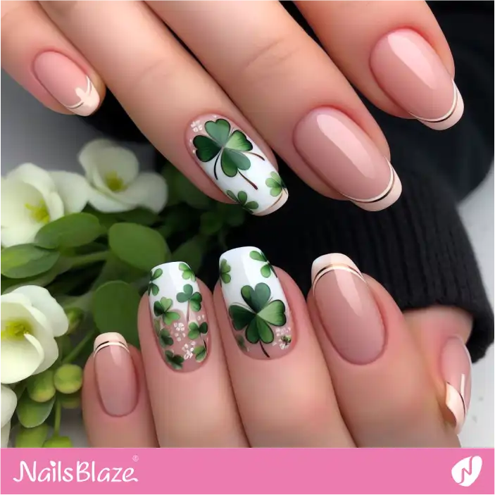 Triple French Nails with 4-leaf Clover Design | Nature-inspired Nails - NB1469