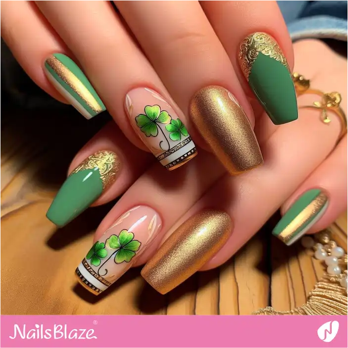 Gold and Green Nails with Clover Design | Nature-inspired Nails - NB1474