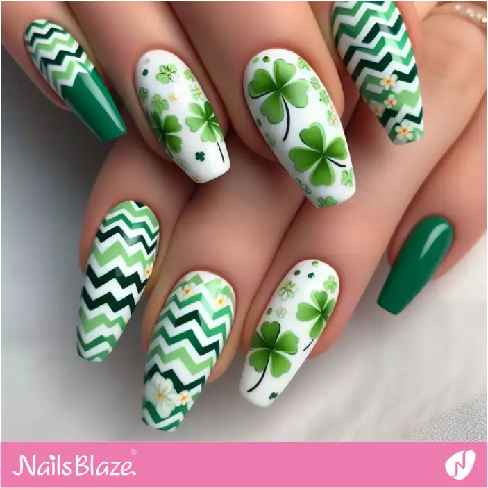 Zig Zag Green Nails with Clover Pattern | Nature-inspired Nails - NB1475