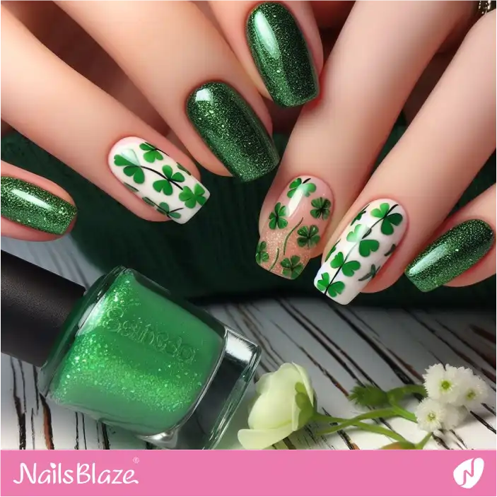Glitter Nails with Clover Design | Nature-inspired Nails - NB1478