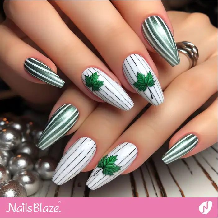Striped Nails with Maple Leaf Nail Design | Nature-inspired Nails - NB1499