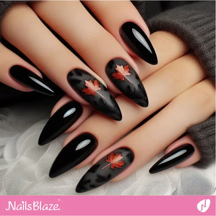 Maple Leaves on Black Nails | Nature-inspired Nails - NB1500
