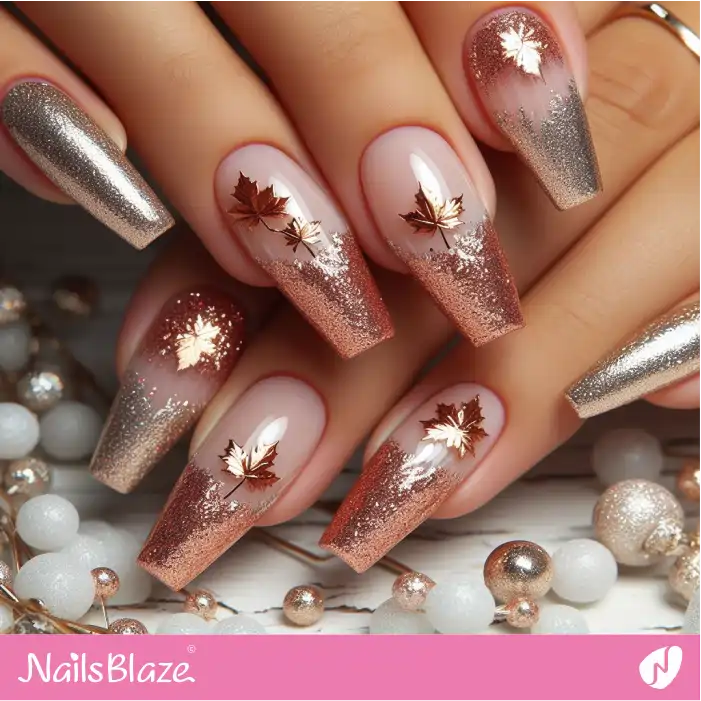 Glitter French Tips with Maple Leaves Design | Nature-inspired Nails - NB1501