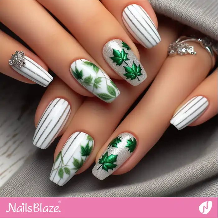 Striped Nails with Chrome Maple Leaves | Nature-inspired Nails - NB1505