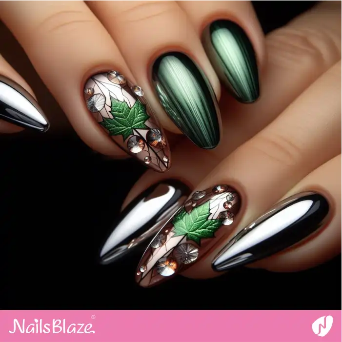 Chrome Embellished Nails with Maple Leaves | Nature-inspired Nails - NB1508