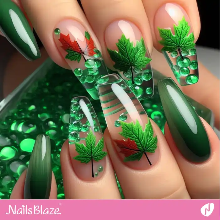 Encapsulated Green Maple Leaf Nails | Nature-inspired Nails - NB1509