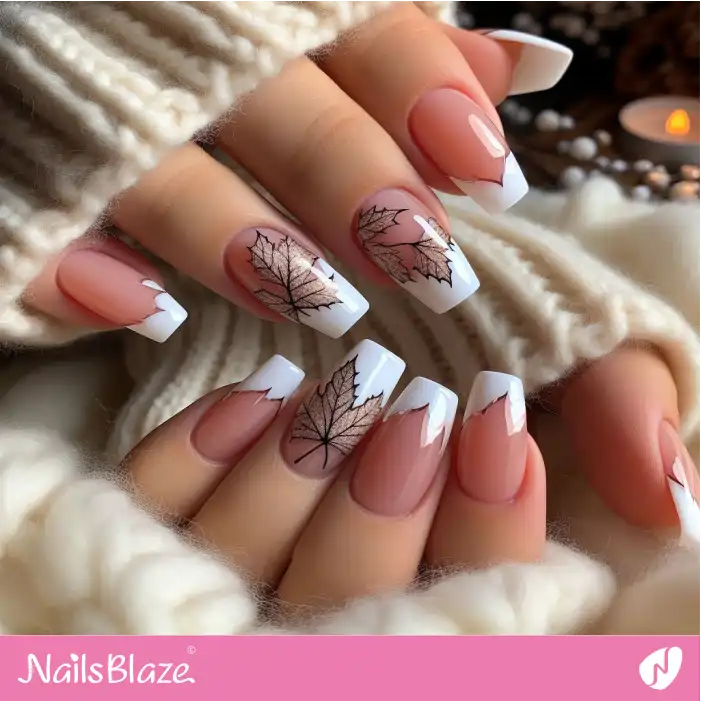 Gold Outlined Maple Leaf French Nails | Nature-inspired Nails - NB1510