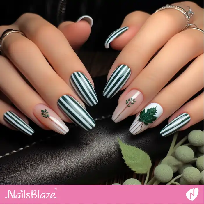 Striped Nails with Green Maple Leaf | Nature-inspired Nails - NB1511
