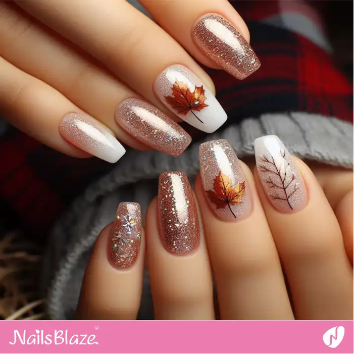 Glitter Rose Gold Maple Leaf Nail Art | Nature-inspired Nails - NB1514