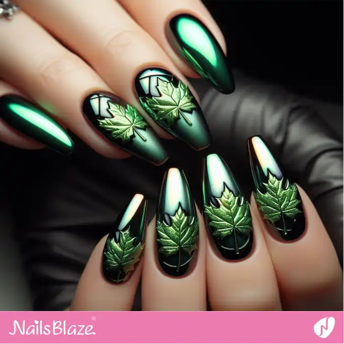 Chrome Nails with Green Maple Leaves | Nature-inspired Nails - NB1520