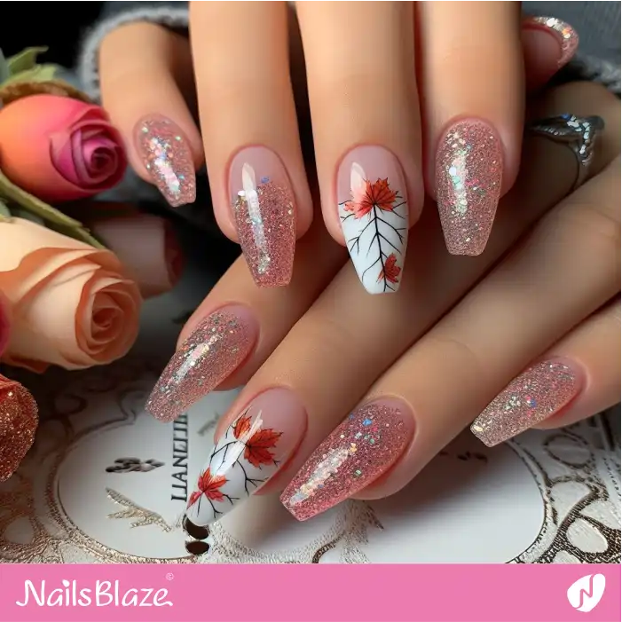 Glossy Nails with Fallen Leaves | Nature-inspired Nails - NB1523