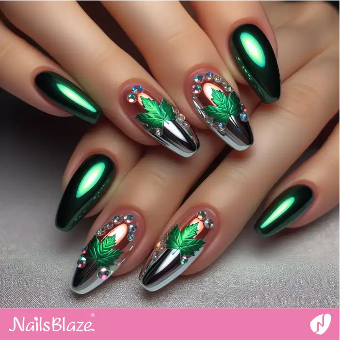 Chrome Nails with Maple Leaves | Nature-inspired Nails - NB1524