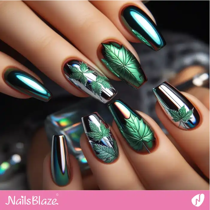 Silver Chrome and Green Maple Leaves Nail Art | Nature-inspired Nails - NB1526