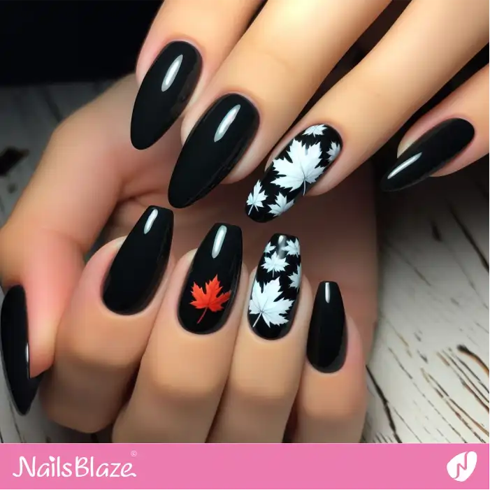 Silhouette Maple Leaves on Black Nails | Nature-inspired Nails - NB1528