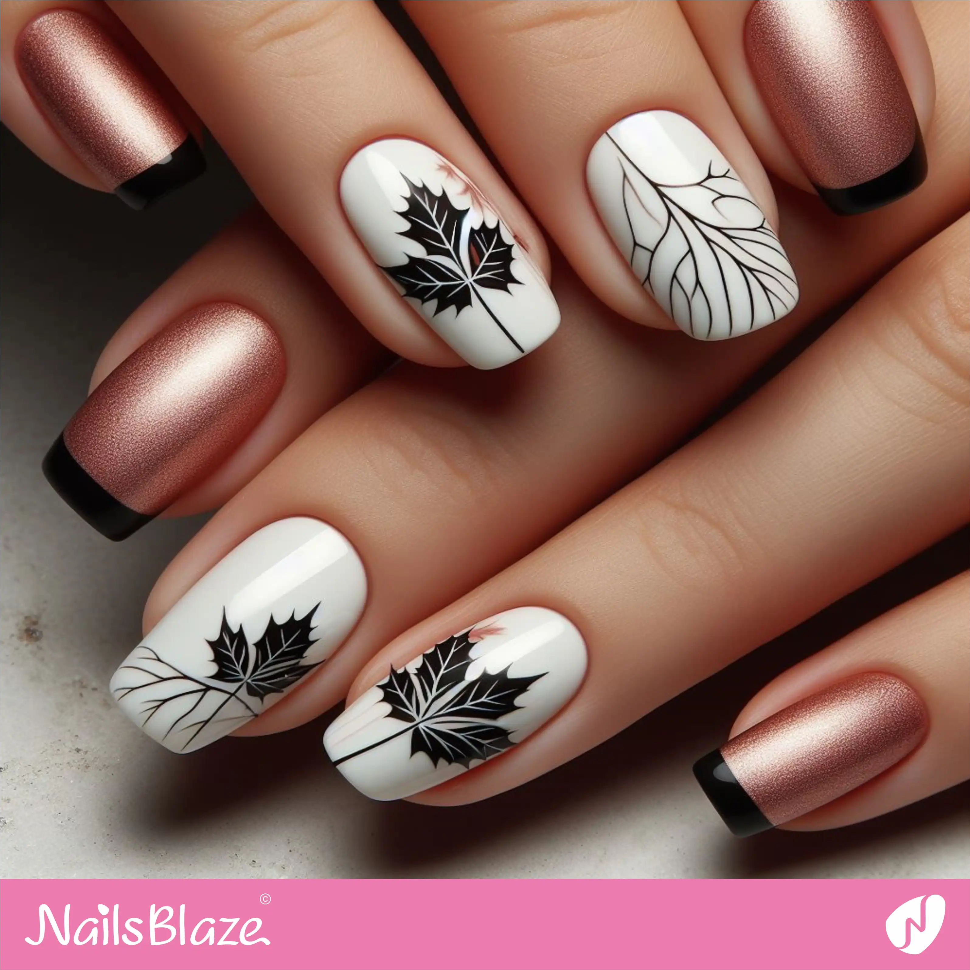 Rose Gold French Nails with Maple Leaves | Nature-inspired Nails - NB1531