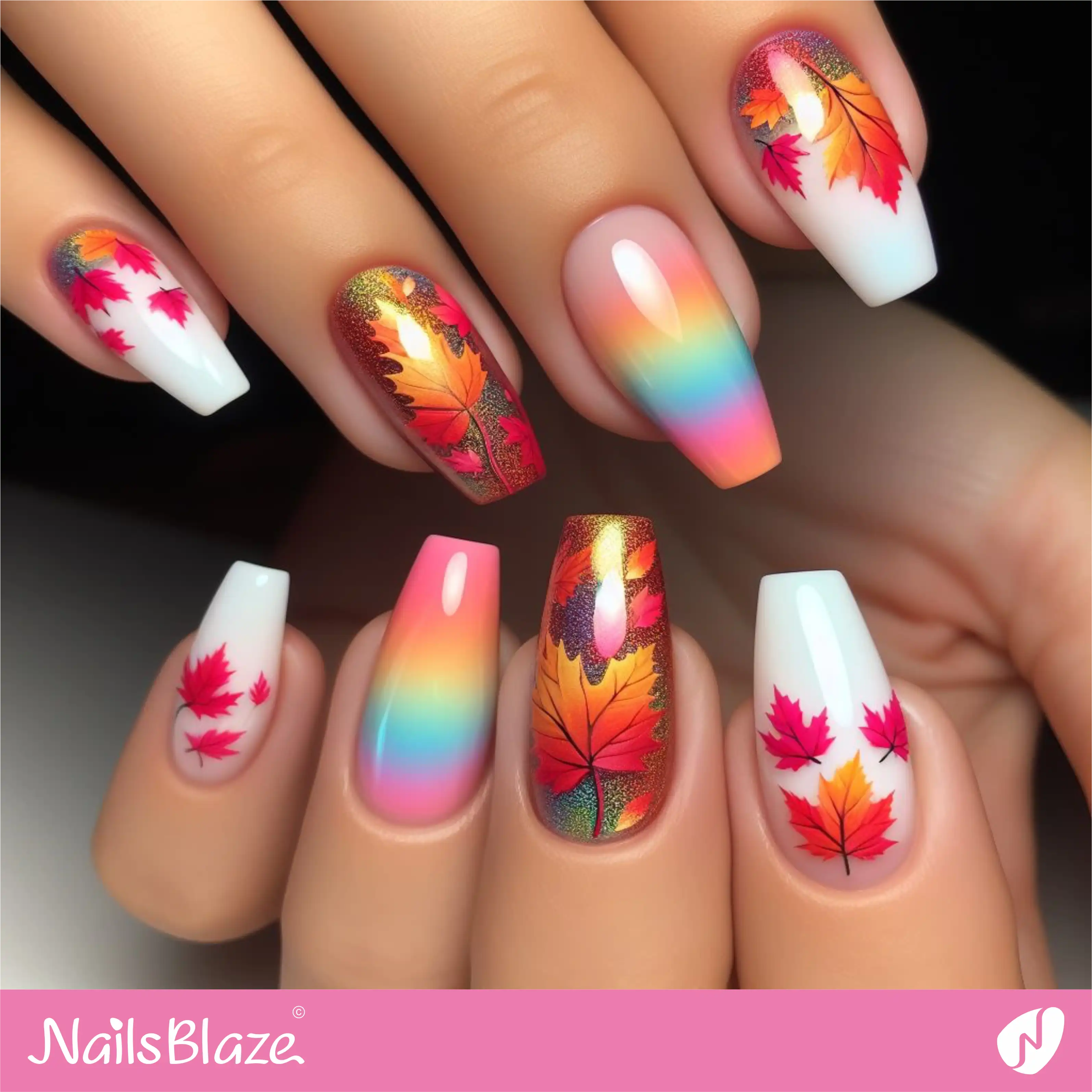 Colorful Maple Leaf Nails | Nature-inspired Nails - NB1532
