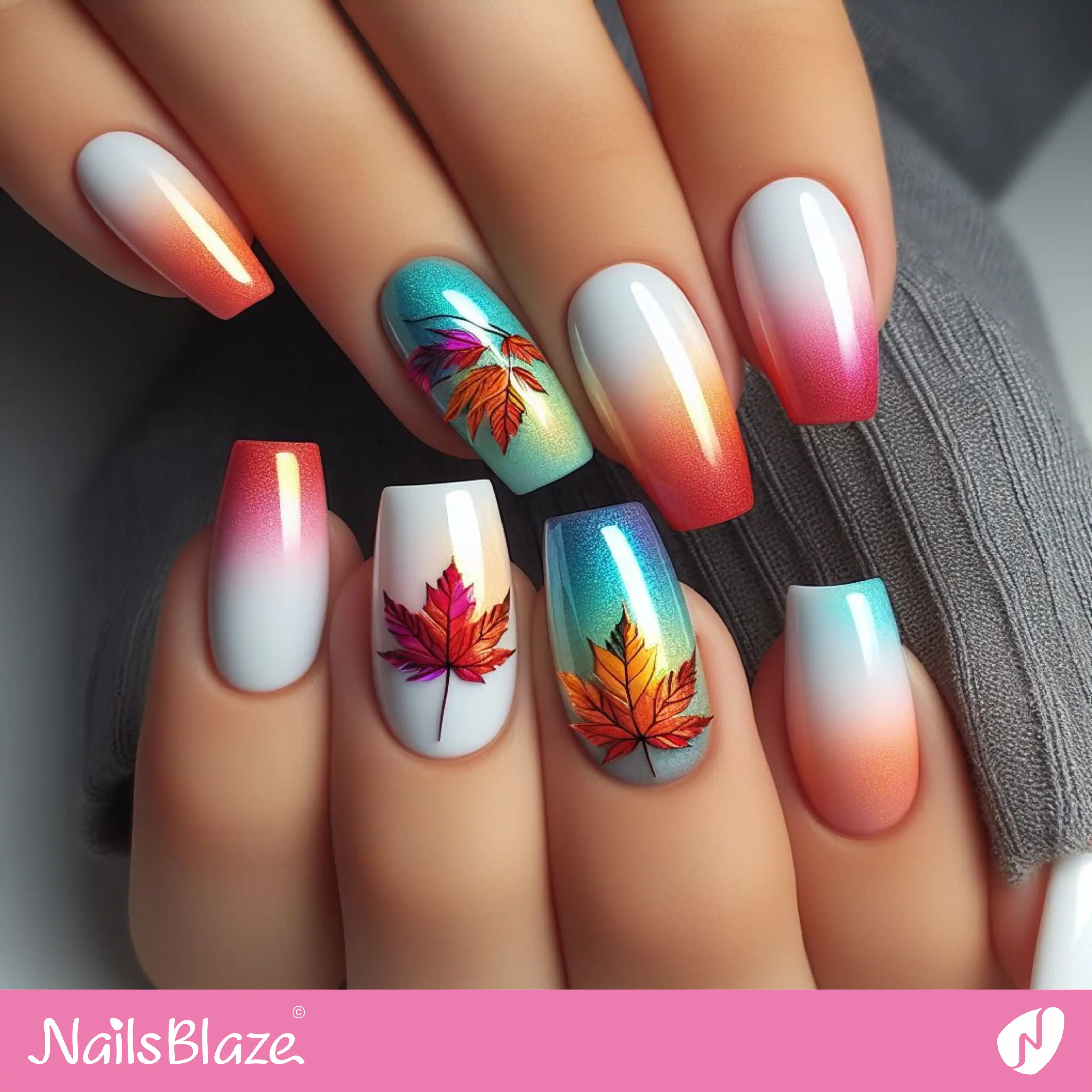 Ombre Nails with Fallen Maple Leaves | Nature-inspired Nails - NB1534
