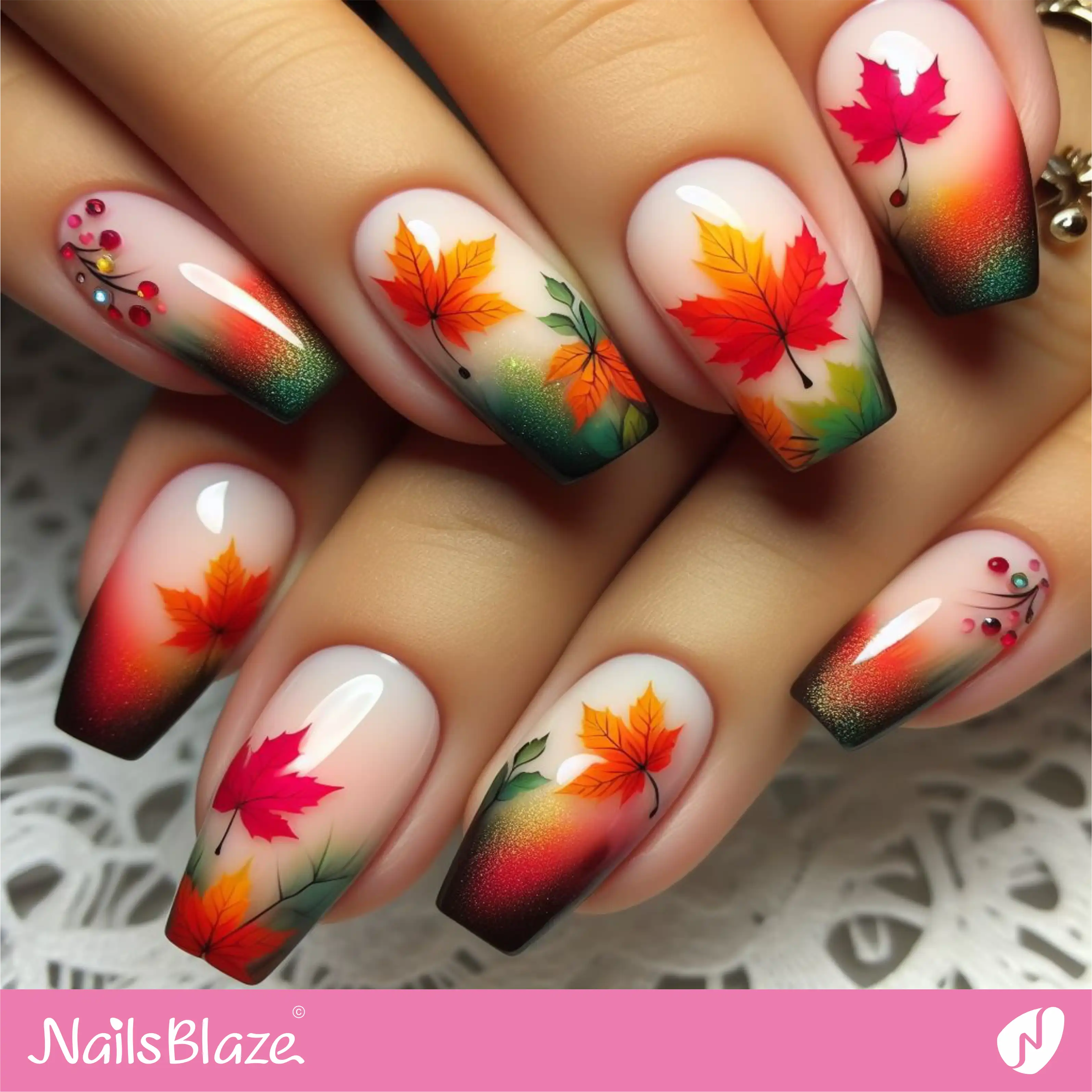 Gradient Autumn Maple Leaf Nails with Embellishments | Nature-inspired Nails - NB1536