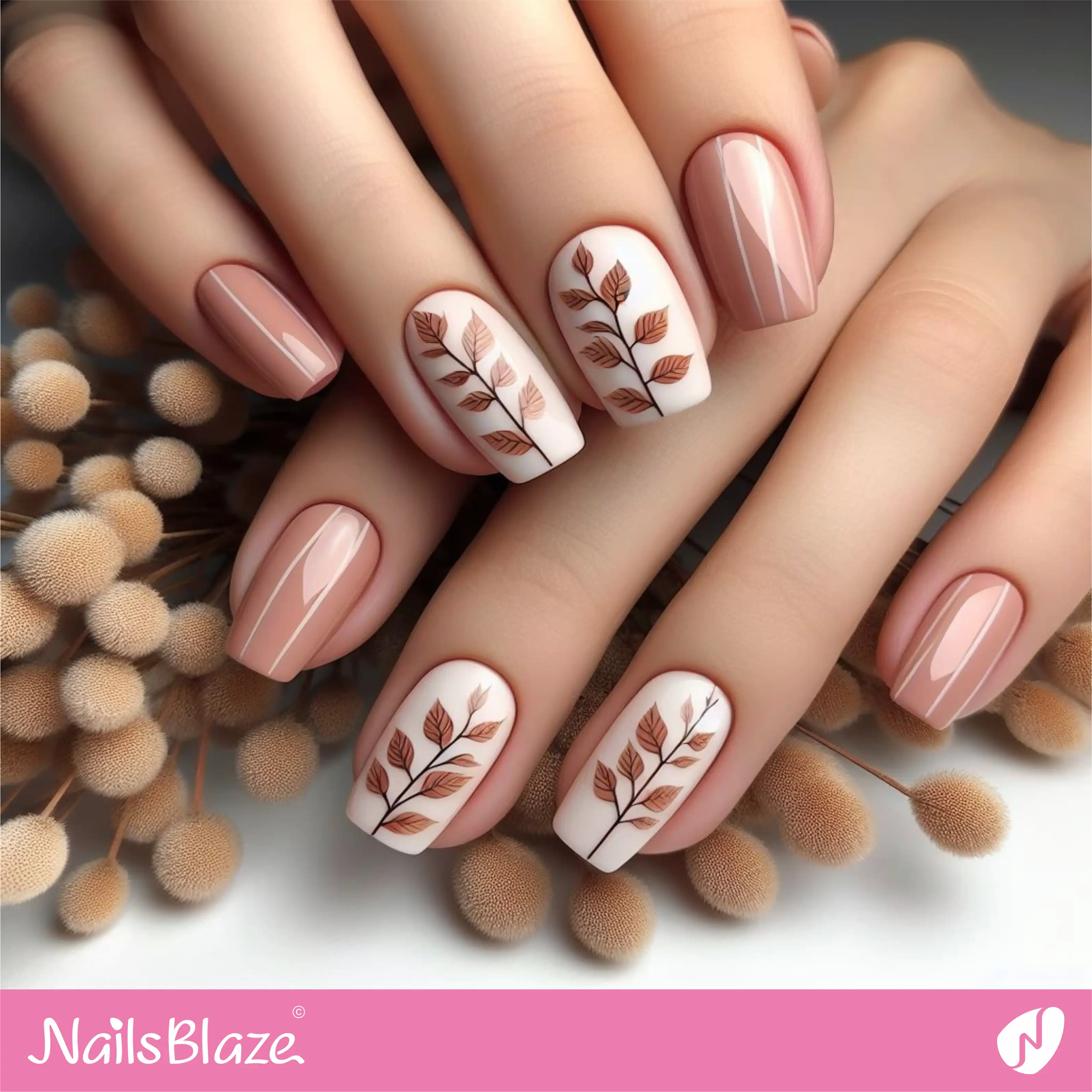 Brown and White Leaf Nails | Nature-inspired Nails - NB1537