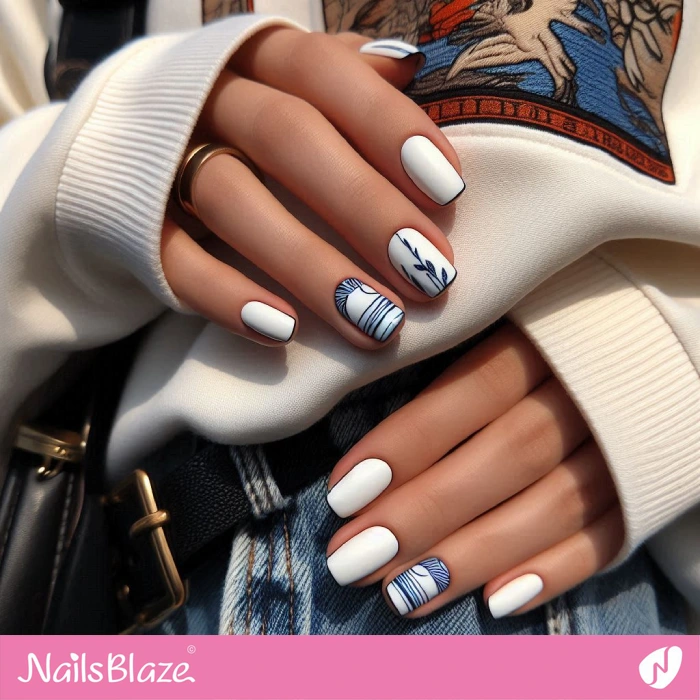 White Nails with Blue Lines | Line Art Nails - NB4571