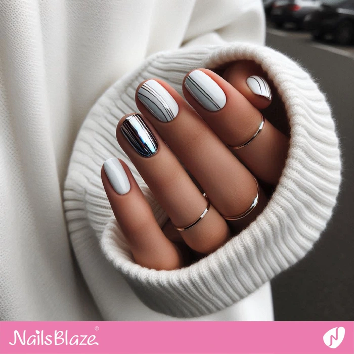 White Nails with Chrome Lines | Line Art Nails - NB4576
