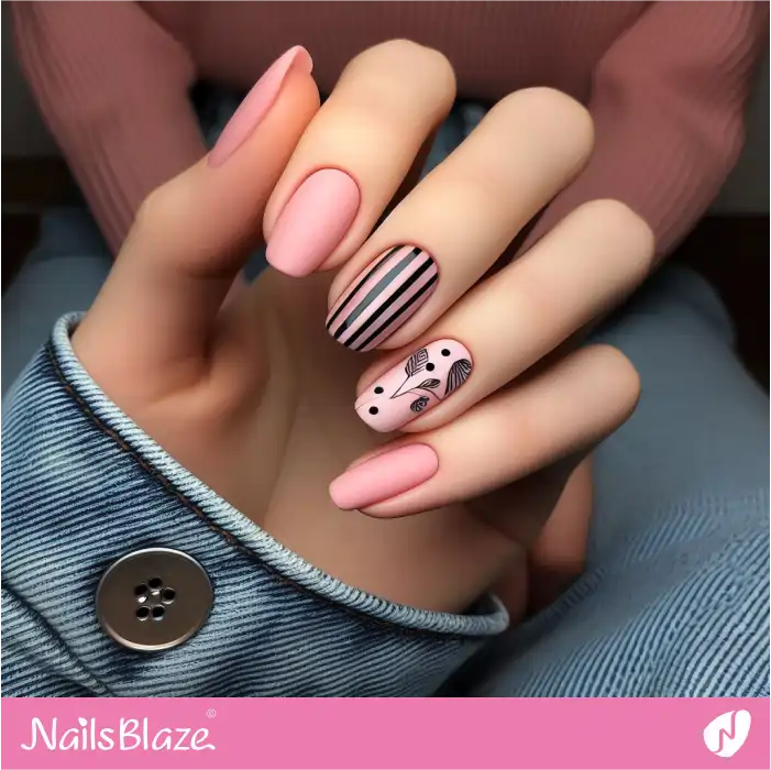 Matte Pink Nails Black Design | Line and Dot Nails - NB4431