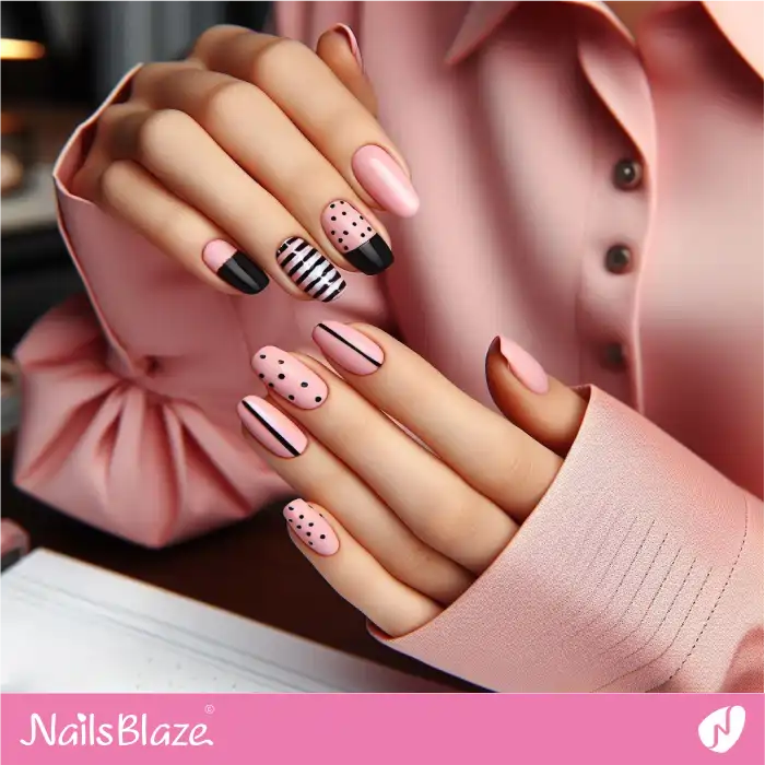 Pink and Black Design Nails | Line and Dot Nails - NB4436